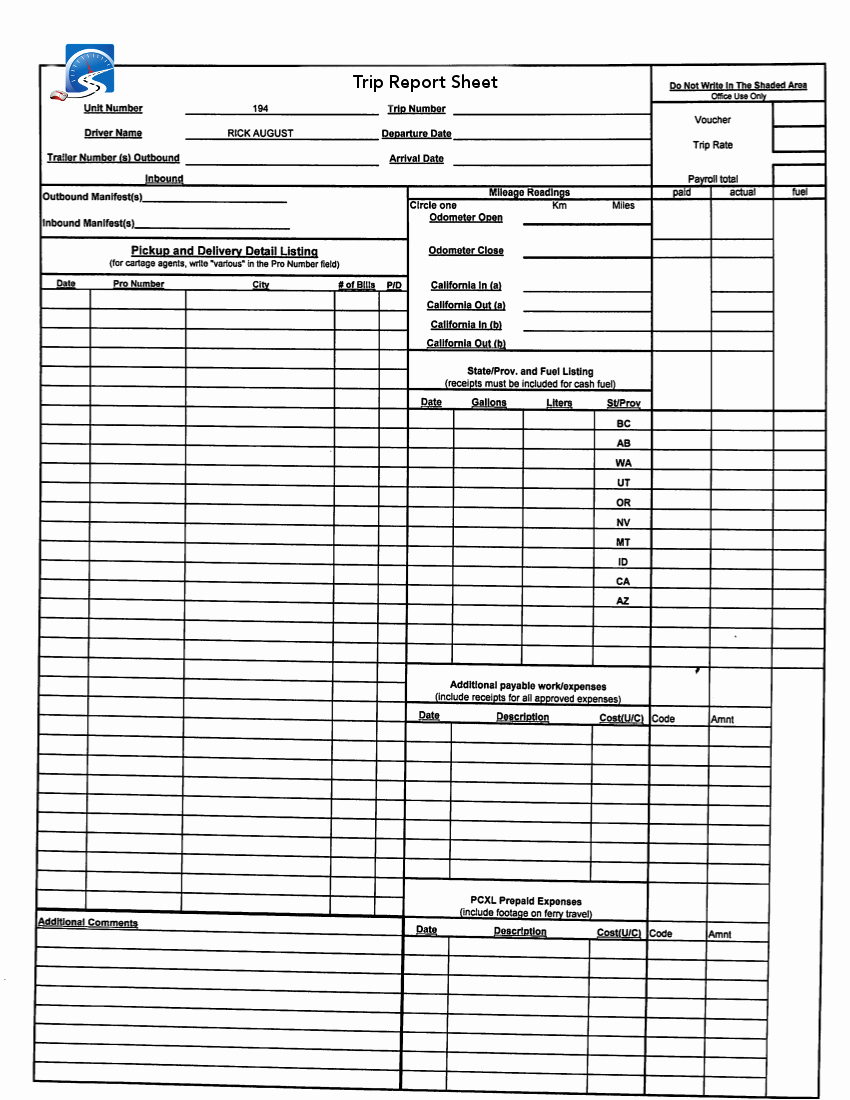 Truck Drivers Trip Sheet Template Elegant Truck Manifest Template Idealstalist