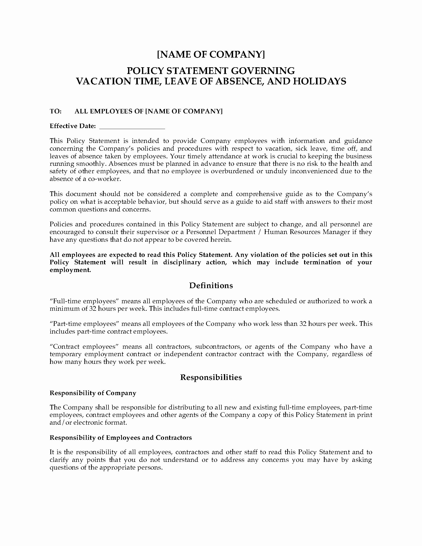 Vacation Policy Template Beautiful Vacation Leave Of Absence and Holiday Policy Statement