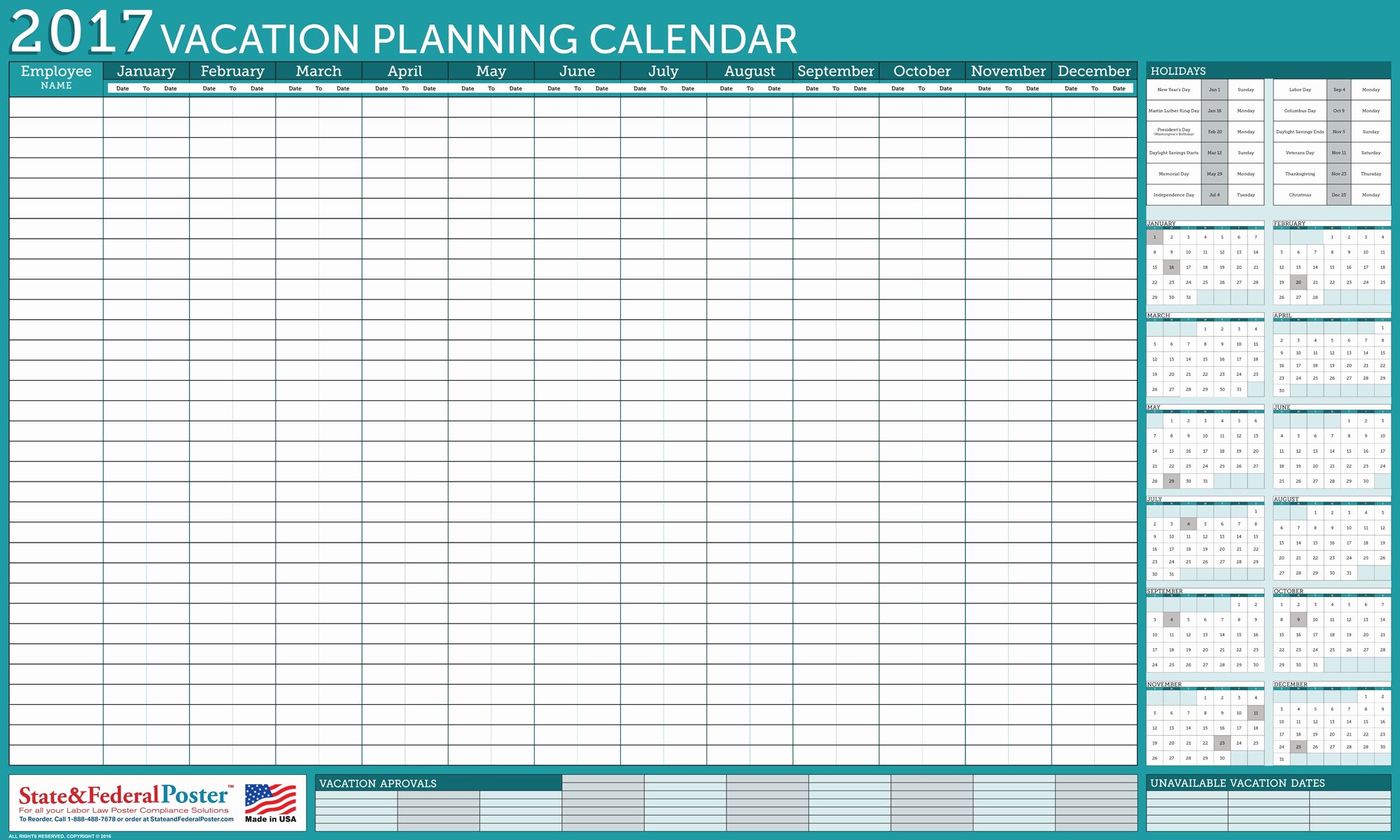 Vacation Schedule Template 2016 Best Of Fice Wall 2017 Vacation Planner Turquoise 40 X 24 Inches