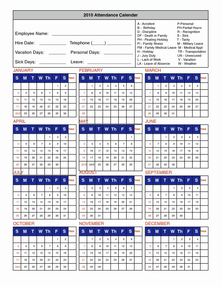 Vacation Schedule Template 2016 New Printable attendance Calendar 2016 Employee attendance