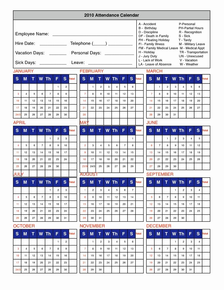 Vacation Schedule Template 2016 New Printable attendance Calendar 2016 Employee attendance