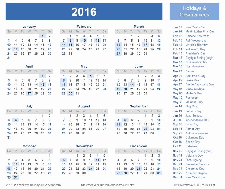 Vacation Schedule Template 2016 Unique Download A Free Printable 2016 Holiday Calendar From