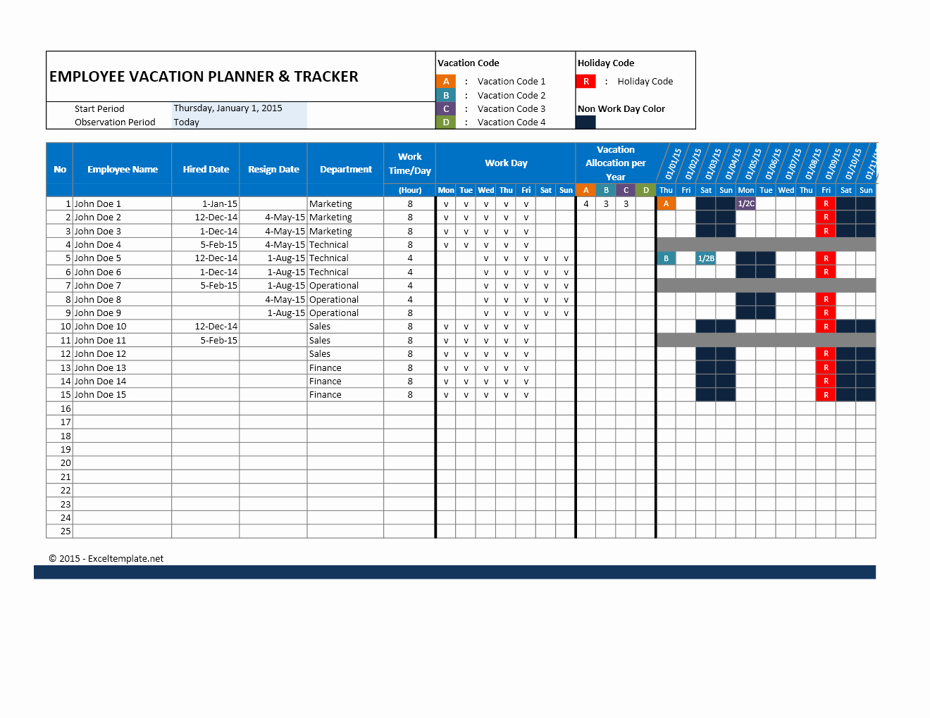 Vacation Schedule Template 2016 Unique Employee attendance Calendar and Vacation Planner