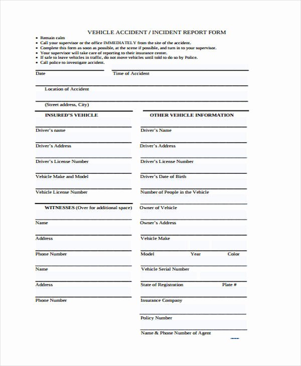 Vehicle Accident form Unique Sample Incident Report form