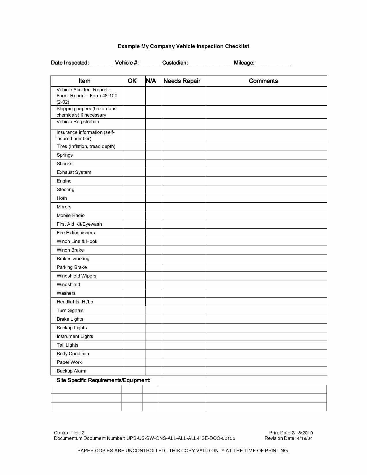 Vehicle Check Sheet Template Inspirational Vehicle Inspection Checklist Template