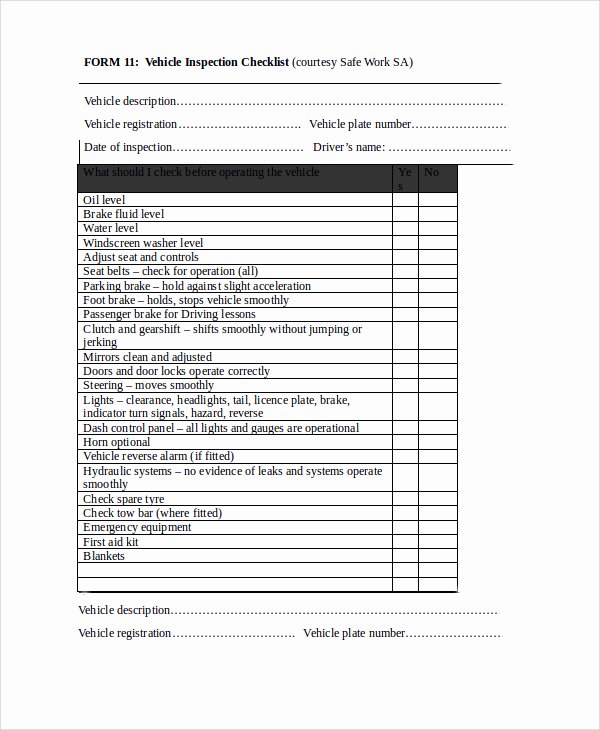 Vehicle Check Sheet Template Unique Daily Vehicle Inspection Checklist Template Templates