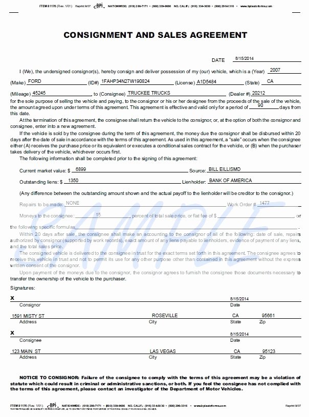 Vehicle Consignment Agreement Beautiful Printerformsz Sample E forms