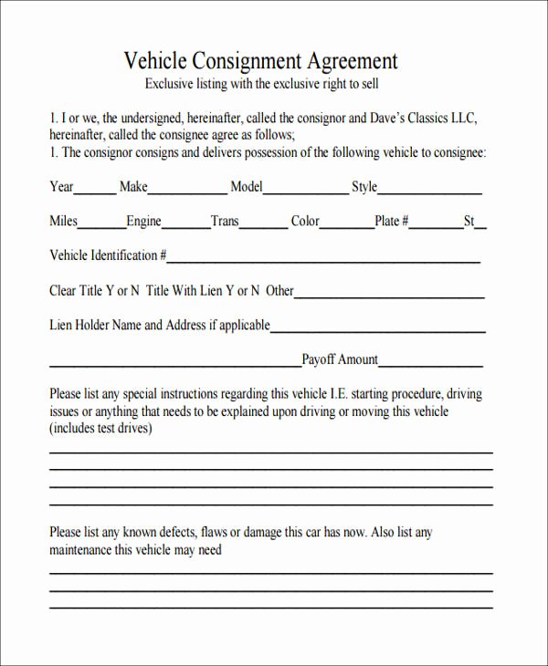 Vehicle Consignment Agreement Fresh 42 Agreement form format