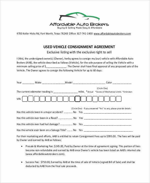 Vehicle Consignment Agreement Luxury Sample Consignment Agreement form 8 Free Documents In Pdf