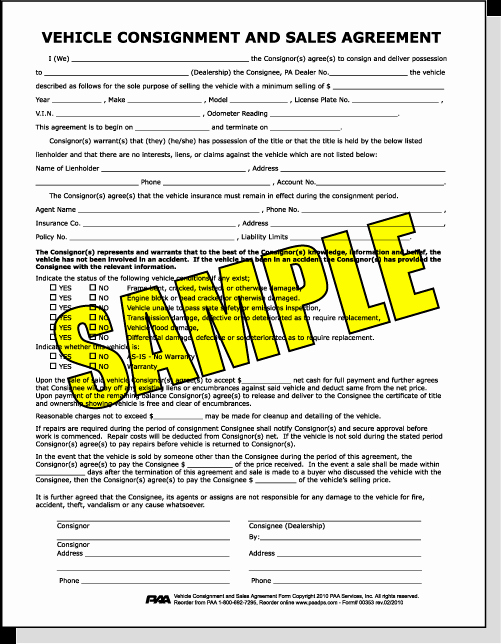 Vehicle Consignment Agreement Unique Vehicle Consignment and Sales Agreement form