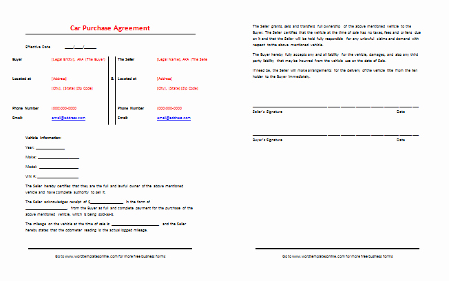 Vehicle Deposit Agreement Unique Car Purchase Agreement Template Best Samples