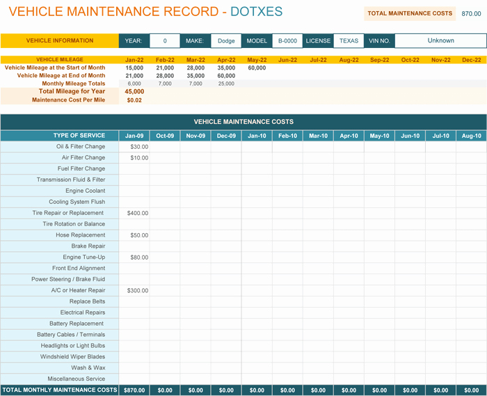 Vehicle Maintenance Checklist Excel Elegant Vehicle Maintenance Log Template for Excel Monthly Dotxes