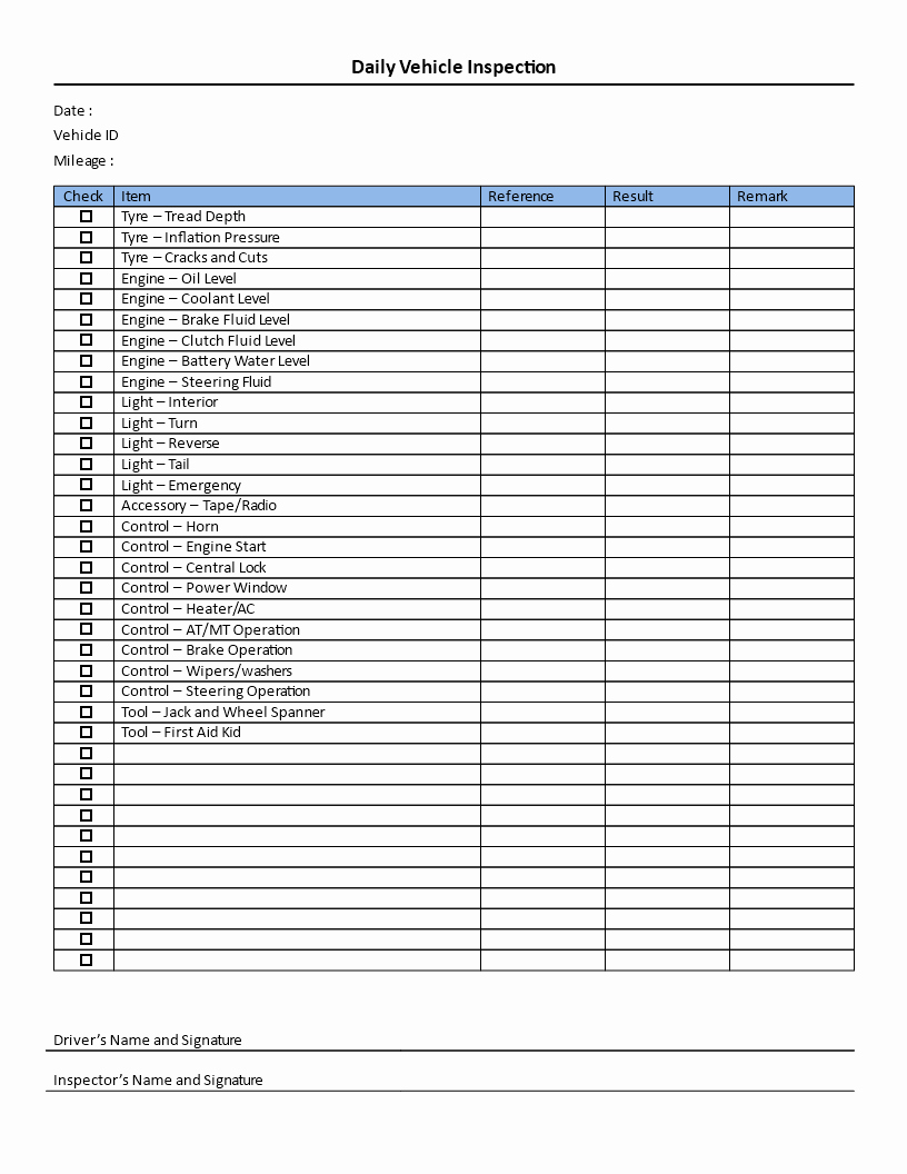 Vehicle Maintenance Checklist Excel Lovely Daily Vehicle Inspection Checklist Download This Daily