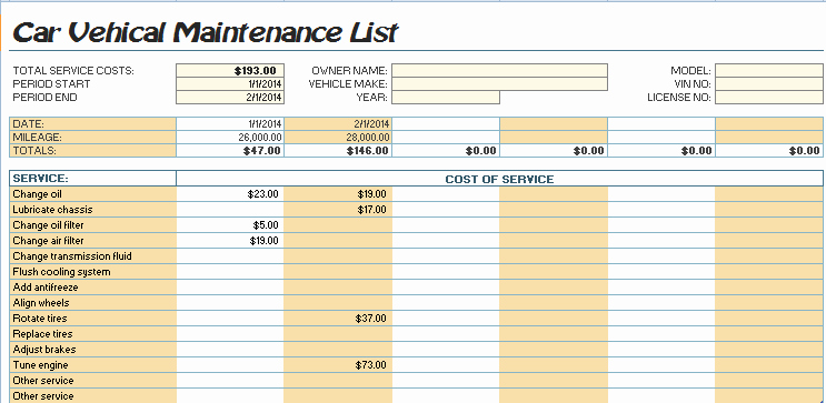 Vehicle Maintenance Spreadsheet Awesome Car Maintenance List Template Microsoft Fice Templates