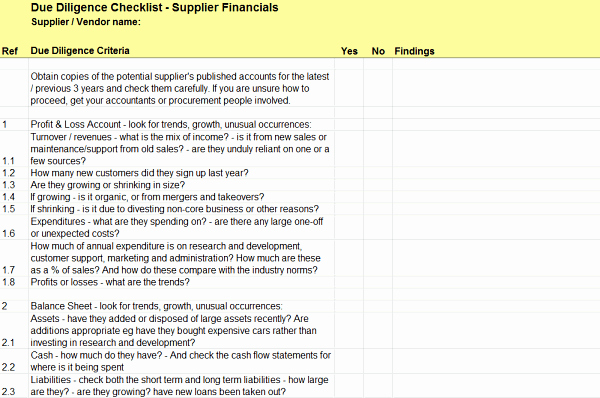 Vendor Audit Checklist Template Fresh Due Diligence Checklist for Supplier Financials