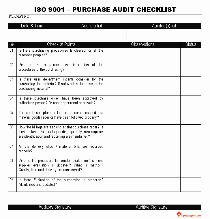Vendor Audit Checklist Template Lovely iso 9001 Purchase Audit Checklist Quality Inspection