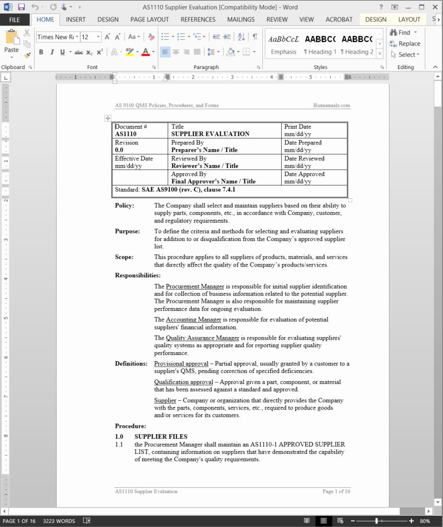 Vendor Audit Checklist Template Luxury as9100 Supplier Evaluation Procedure
