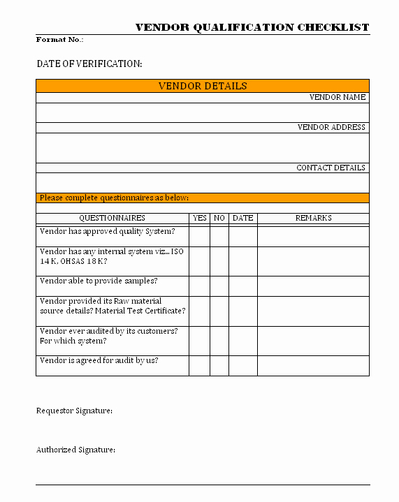 Vendor Audit Checklist Template Luxury Vendor Qualification Checklist