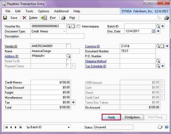 Vendor Credit Application Lovely Apply Credit Memo to Certain Invoices Microsoft Dynamics
