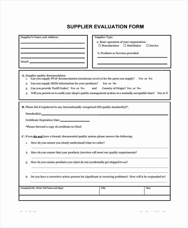 Vendor Evaluation form Awesome 8 Supplier Evaluation form Samples Free Sample Example