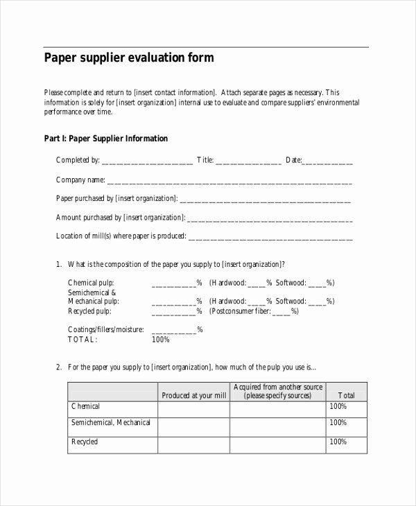 Vendor Evaluation form Fresh Sample Supplier Evaluation form 10 Free Documents In