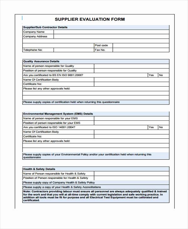 Vendor Evaluation form Inspirational 8 Supplier Evaluation form Samples Free Sample Example