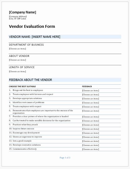 Vendor Evaluation form New Vendor Evaluation forms &amp; Templates for Ms Word