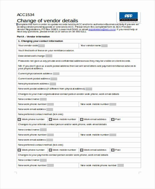 Vendor Information form Elegant Free Change forms