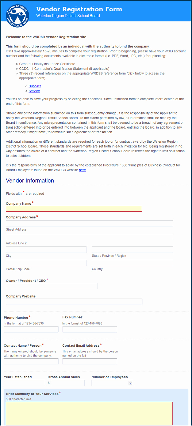 Vendor Information form Elegant Vendor Registration Waterloo Region District School Board
