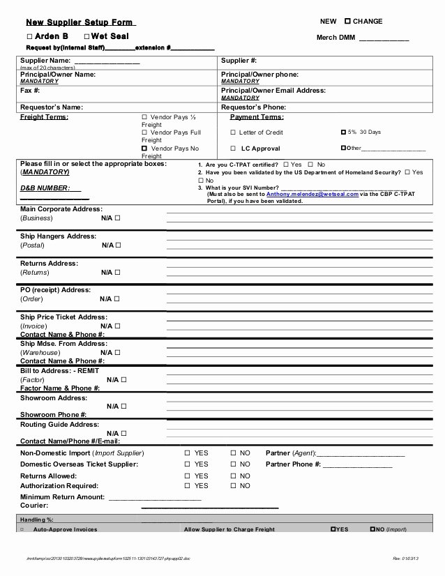 Vendor Setup form Template Fresh New Supplier Set Up form
