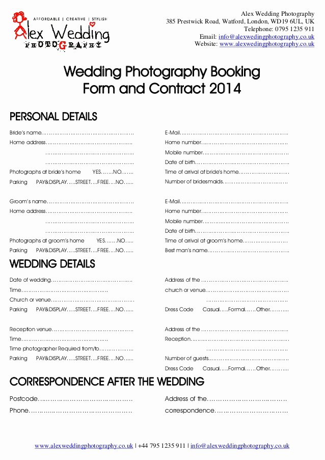 Venue Rental Agreement Template Elegant Wedding Graphy Booking form and Contract 2014