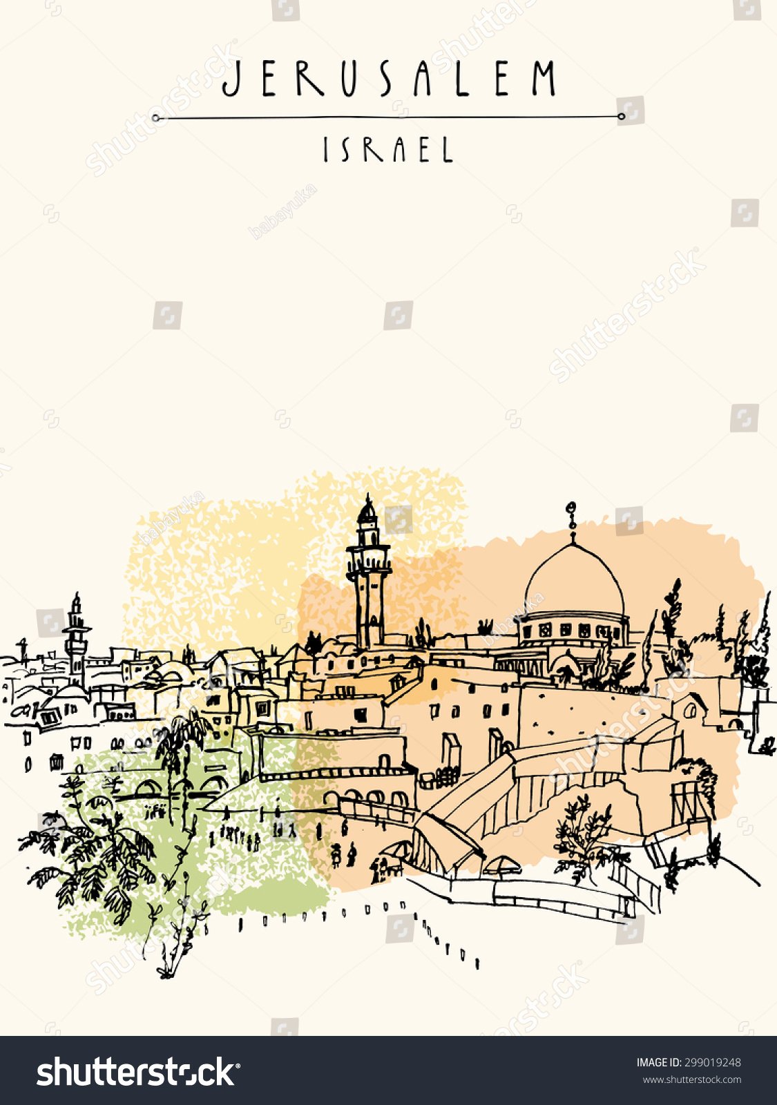 Vertical Postcard Layout Fresh Wailing Wall In Jerusalem israel Handmade Vector Drawing