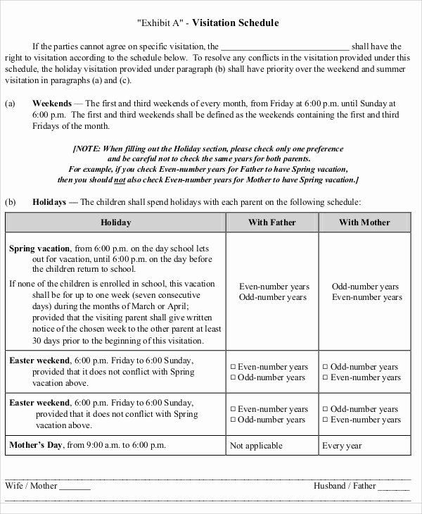 Visitation Schedule Template Awesome 7 Visitation Schedule Templates Free Samples Examples