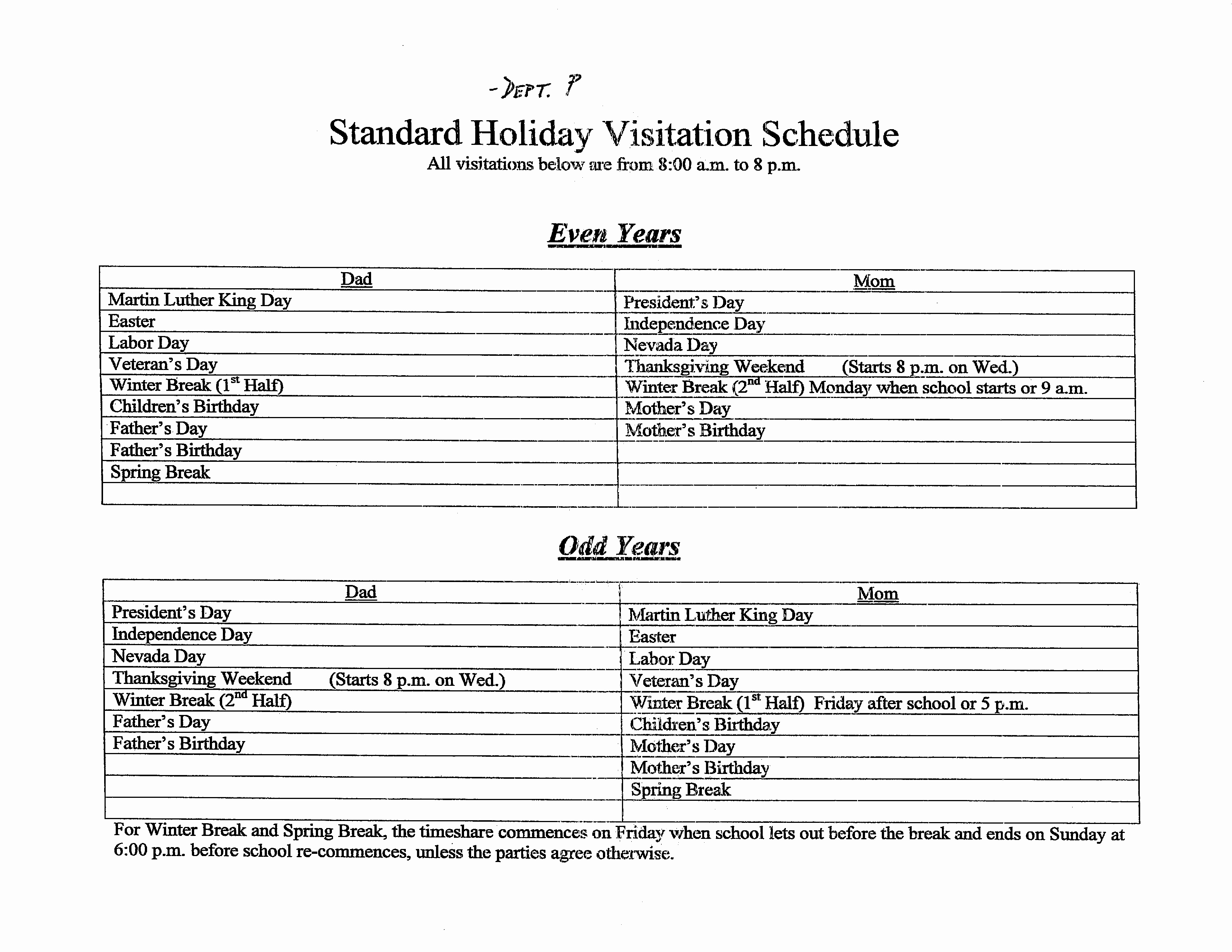 Visitation Schedule Template Best Of Free Standard Holiday Visitation Schedule