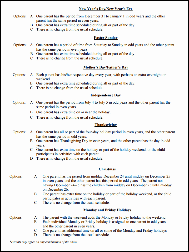 Visitation Schedule Template Elegant Sample Schedules for Splitting the Holidays During A Ca