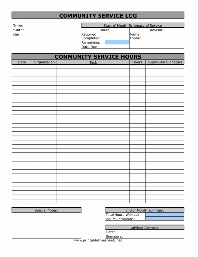 Volunteer Hours Log Template Unique Munity Service Timesheet Printable Time Sheet