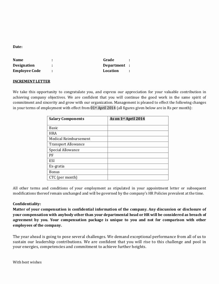 Wage Increase form Lovely Increment Letter format
