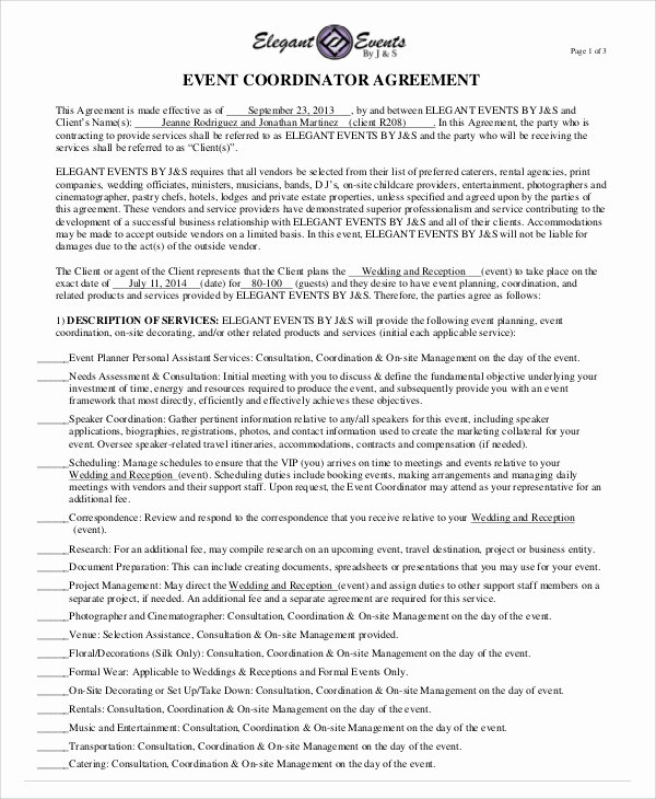 Wedding Coordinator Contract Best Of Sample event Contract Agreement 10 Examples In Word Pdf
