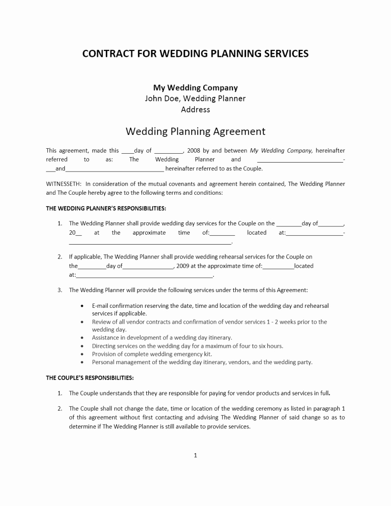 Wedding Coordinator Contract Unique Agreement Word Templates Free Word Templates