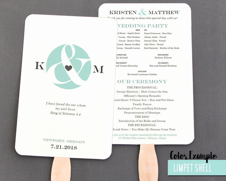 Wedding Fan Program Kit New Ampersand and Heart Wedding Program Fan Cool Colors