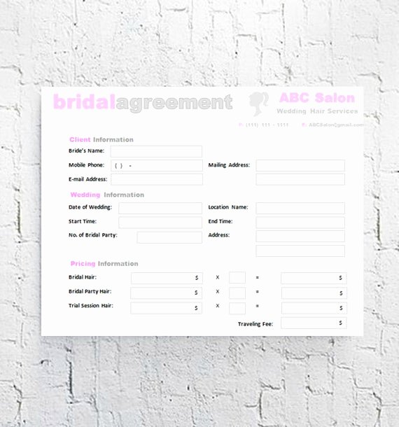 Wedding Hair and Makeup Contract Template Fresh Hair Stylist Bridal Agreement Contract Template Editable