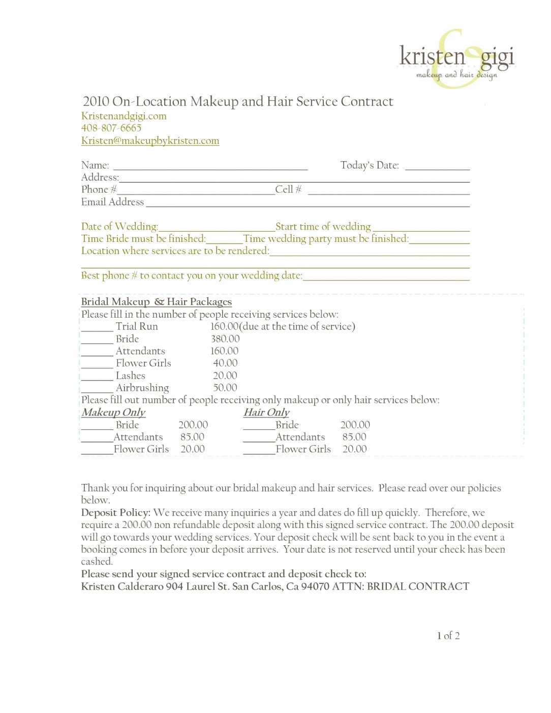 Wedding Hair and Makeup Contract Template Fresh Wedding Hair and Makeup Contract Template