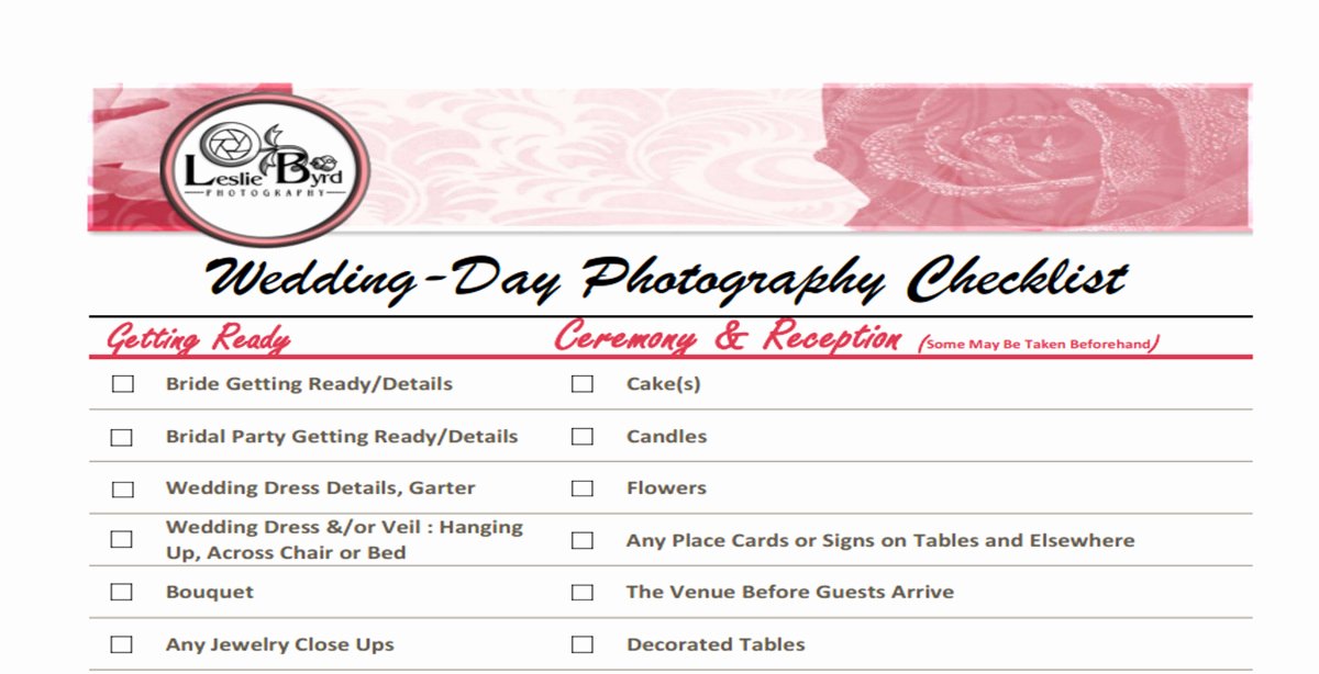 Wedding Photo Checklist Word Document Fresh Wedding Day Checklist – Lesliebyrdphotography