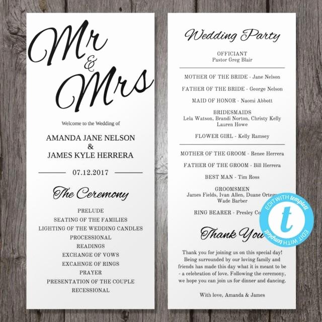 Wedding Program Template Free Download Fresh Printable Wedding Program Template Mr &amp; Mrs Instant