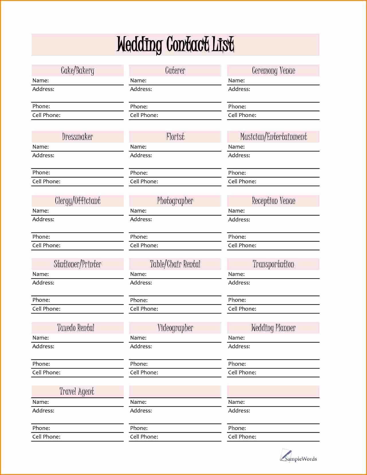 Wedding Vendor Contact List Template