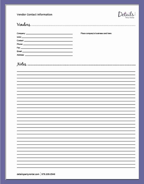 Wedding Vendor Contact List Template Lovely Details Party Rental – Planning Templates