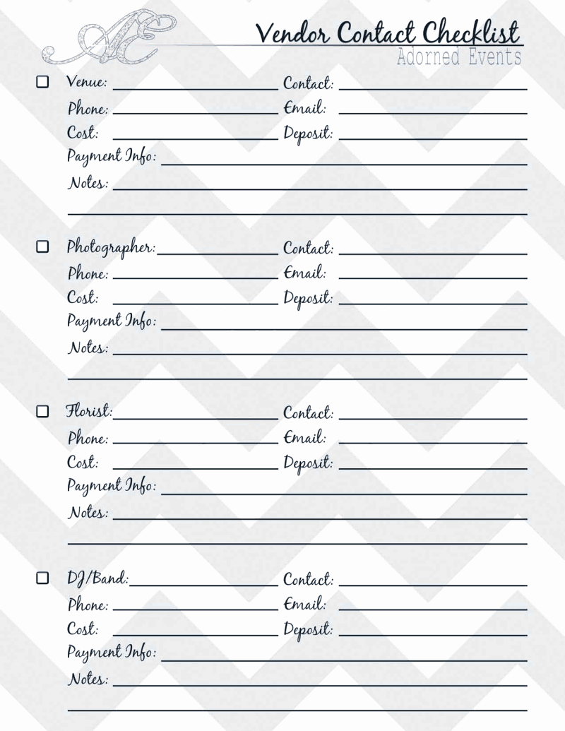 Wedding Vendor Contact List Template