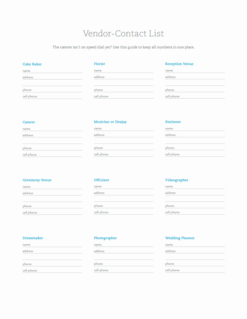 Wedding Vendor Contact List Template Luxury Vendor Contact List Pdf Wedding Stuff