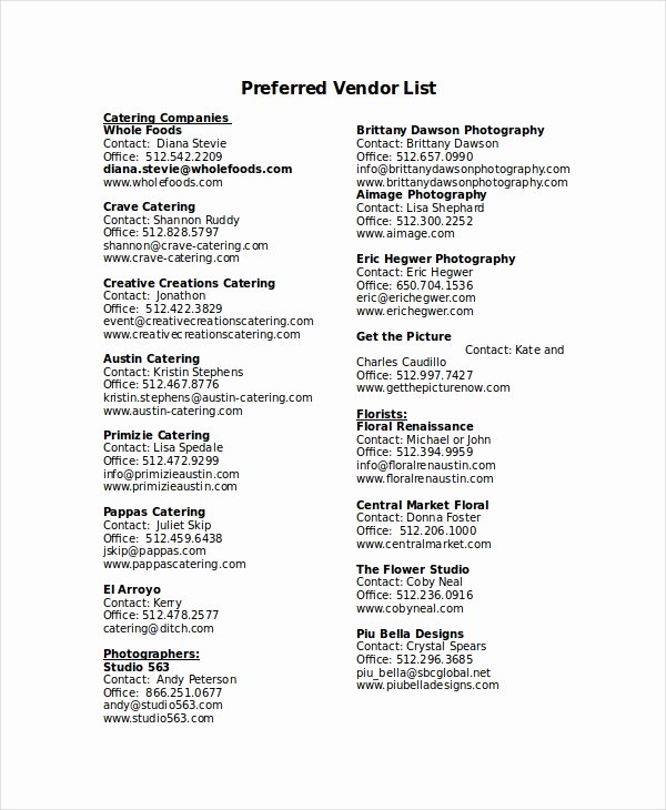 Wedding Vendor Contact List Template New 8 Vendor List Templates Pdf Doc