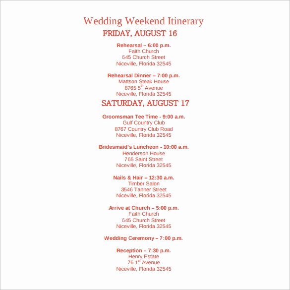 Wedding Weekend Itinerary Template Free Elegant Sample Wedding Weekend Itinerary Template 12 Documents